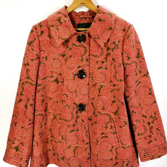 Talbots Jacket Women's Med Red Pink Orange Brown Paisley Button Front Swing - Picture 1 of 8